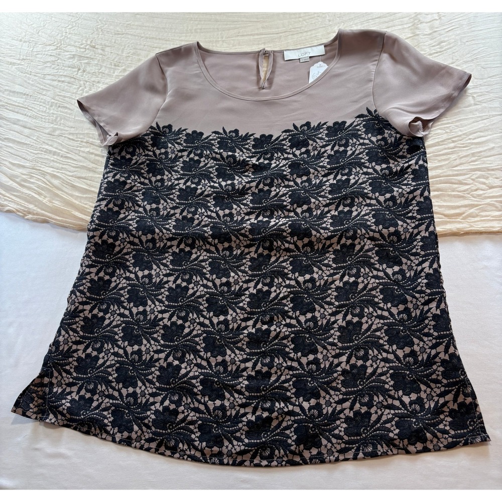 Ann Taylor Loft Womens Short Sleeve Black/Tan Lace Print Blouse Size S